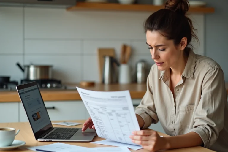 Femme consultant sa carte grise à la maison avant de faire une demande de duplicata en ligne