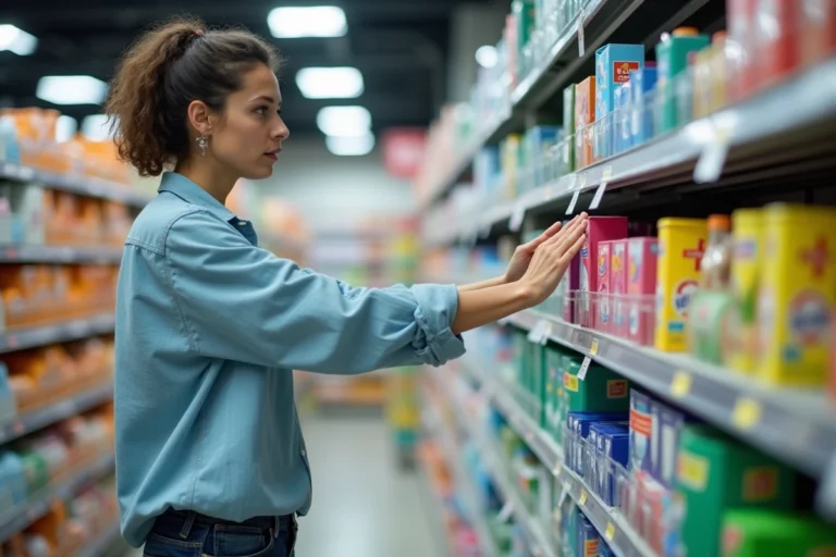 Femme qui compare des boîtes de lessive en poudre dans le rayon d'un supermarché