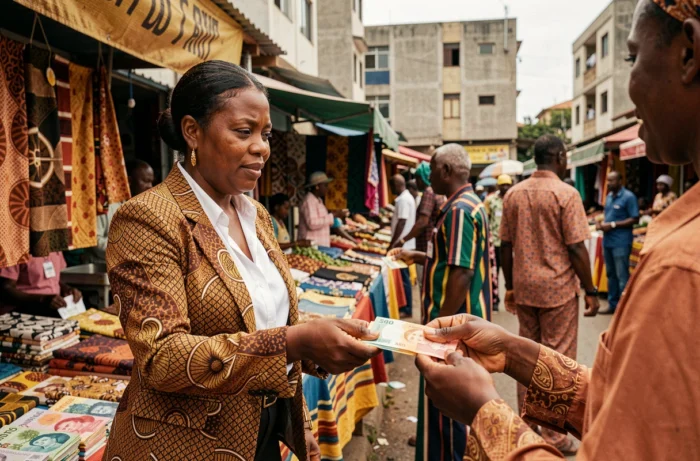 Femme commerçante sénégalaise effectuant une transaction en francs CFA au marché de Dakar