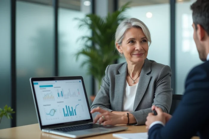 Une femme en consultation avec un conseiller financier pour comprendre l'impact de son CSP sur le calcul de sa retraite, dans un bureau moderne et professionnel
