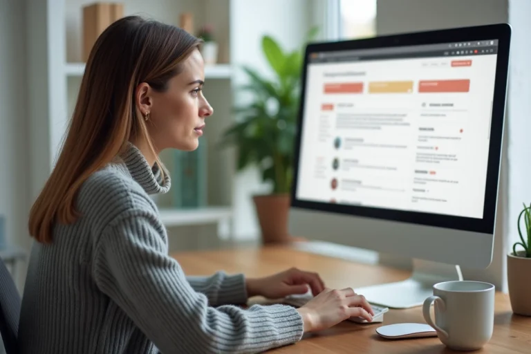 Femme consultant le plan du site d'un blog sur un grand écran d'ordinateur dans un bureau à domicile moderne