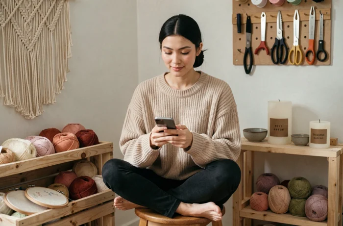 Jeune femme contactant une boutique créative par smartphone depuis un atelier artisanal