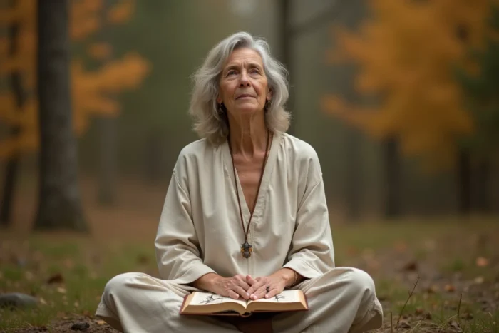 Femme contemplative tenant un carnet illustré de frelons et symboles spirituels dans une clairière forestière automnale, représentant l'exploration de la symbolique du frelon
