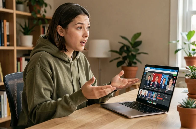 Jeune femme engagée regardant un débat en ligne sur son ordinateur portable depuis son bureau à domicile