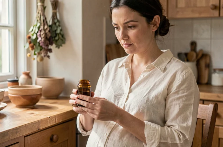 Femme enceinte tenant un flacon de propolis en verre ambré dans une cuisine naturelle en bois, réfléchissant aux précautions à prendre