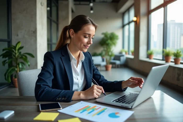 Femme entrepreneur analysant des tableaux de bord digitaux sur ordinateur portable dans un bureau moderne pour booster la croissance de son entreprise