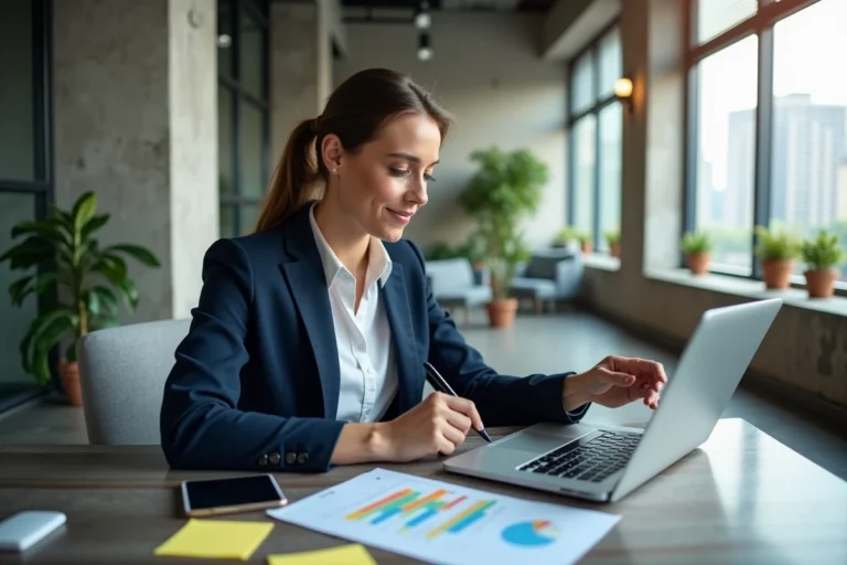 Femme entrepreneur analysant des tableaux de bord digitaux sur ordinateur portable dans un bureau moderne pour booster la croissance de son entreprise