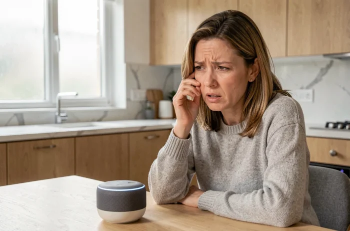 Femme frustrée parlant à un assistant vocal intelligent dans une cuisine moderne
