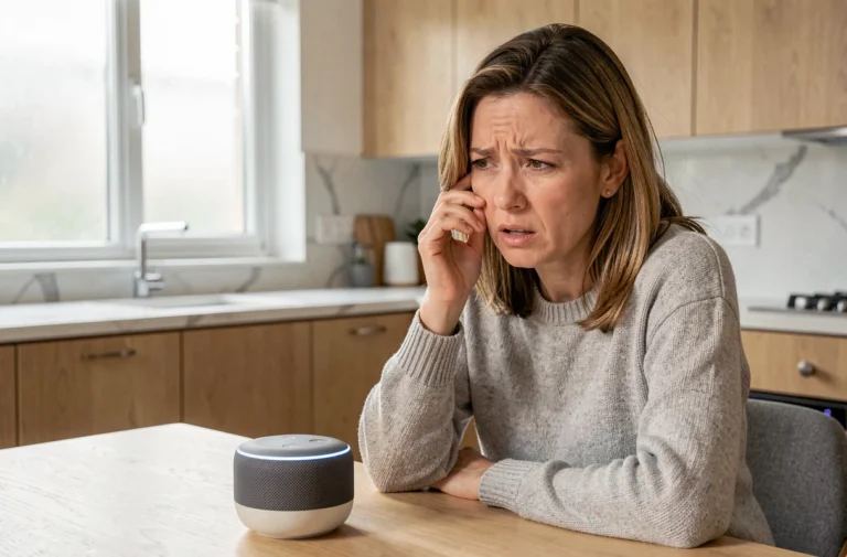 Femme frustrée parlant à un assistant vocal intelligent dans une cuisine moderne