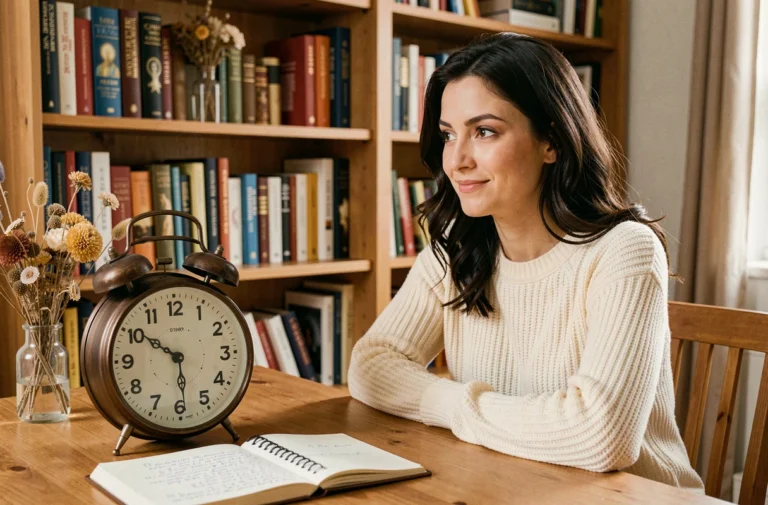 Femme contemplative observant une horloge analogique affichant 12h13, entourée de livres de numérologie dans un bureau chaleureux