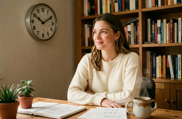 Femme contemplant une horloge analogique affichant 23h13 dans un bureau cosy, symbolisant la numérologie et les heures miroirs