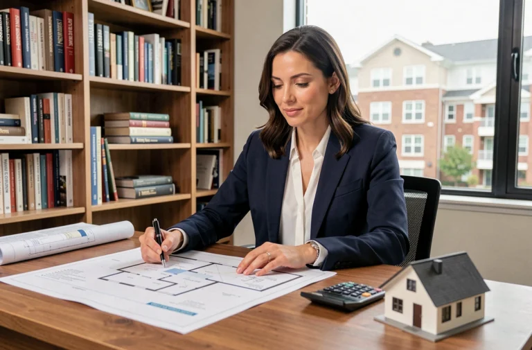 Femme investisseuse immobilière analysant des plans et documents financiers dans un bureau moderne