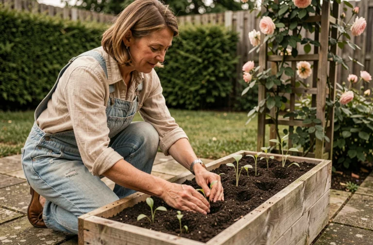 Femme jardinant dans un potager surélevé en bois, plantant des semis dans un jardin accueillant