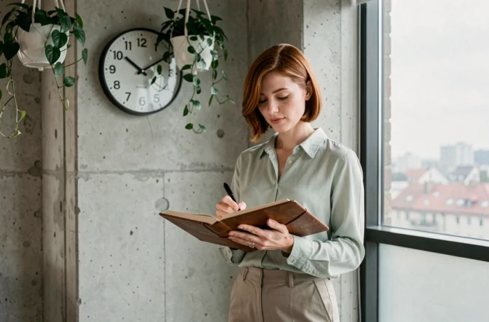 Jeune femme écrivant dans un journal ésotérique près d'une fenêtre avec une horloge murale indiquant 12h13 en arrière-plan dans un appartement urbain