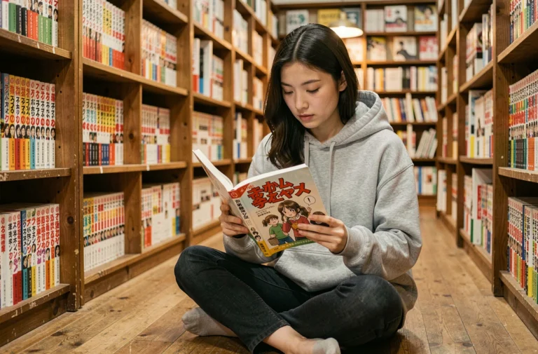 Jeune femme passionnée lisant un manga dans une librairie spécialisée entourée de nombreux volumes colorés