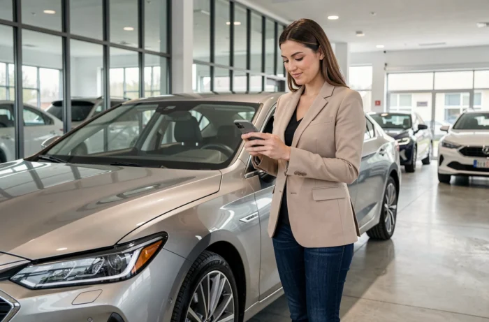 Une femme consultant des offres promotionnelles automobiles sur son smartphone dans un showroom de concession