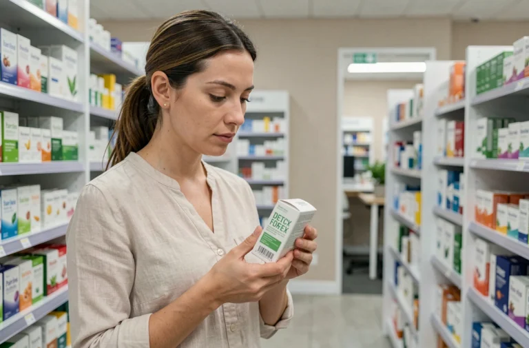 Femme en pharmacie examinant une boîte de thé détox Lulutox sur une étagère de produits de santé naturels