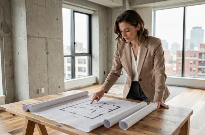 Femme professionnelle analysant des plans architecturaux dans un appartement en rénovation pour un projet immobilier