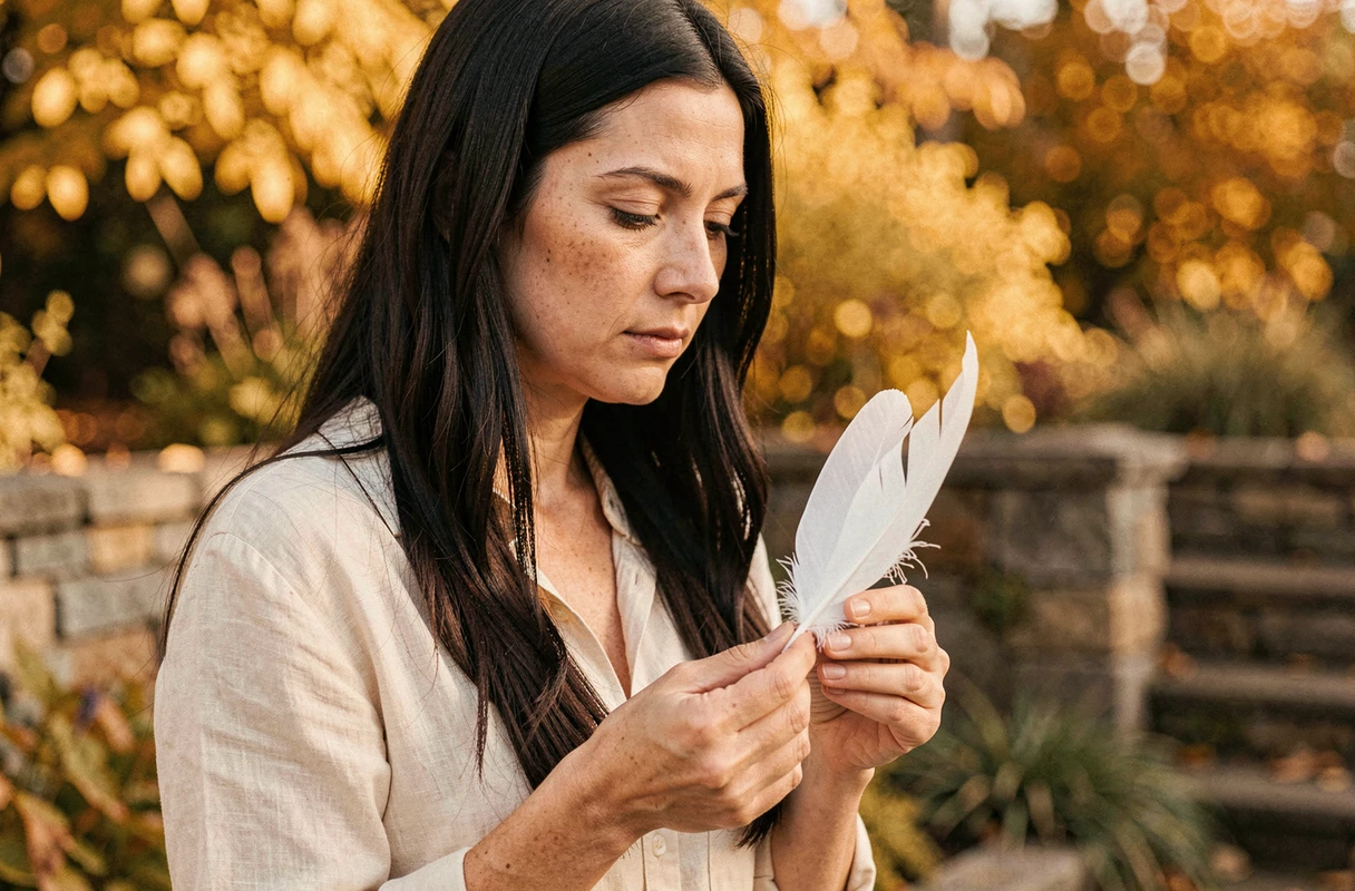 Une femme tenant une plume blanche dans un jardin d'automne, symbolisant la pureté et la guidance spirituelle