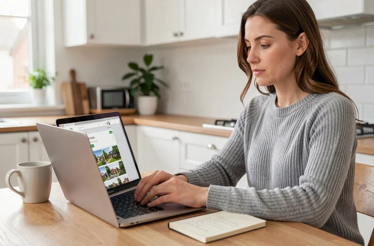 Femme consultant un moteur de recherche immobilier sur son ordinateur portable dans une cuisine moderne