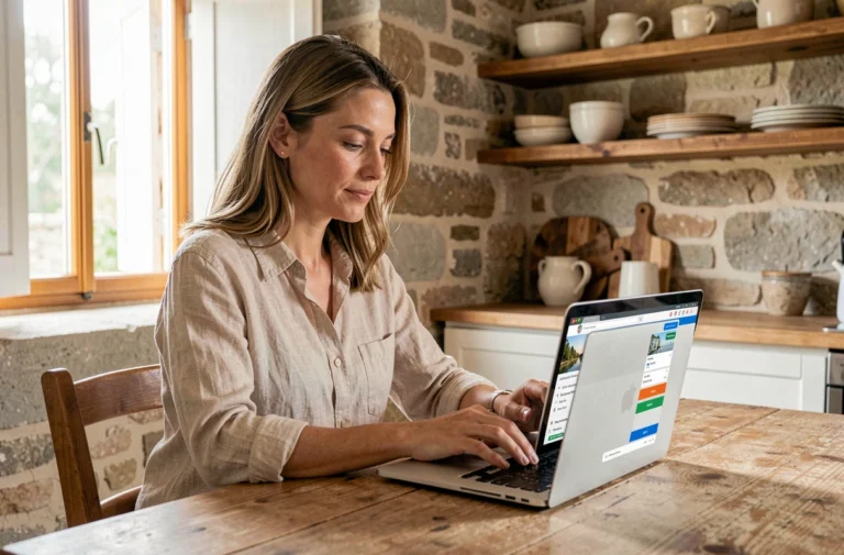 Femme consultant la plateforme Abritel sur un ordinateur portable dans une maison de vacances en pierre