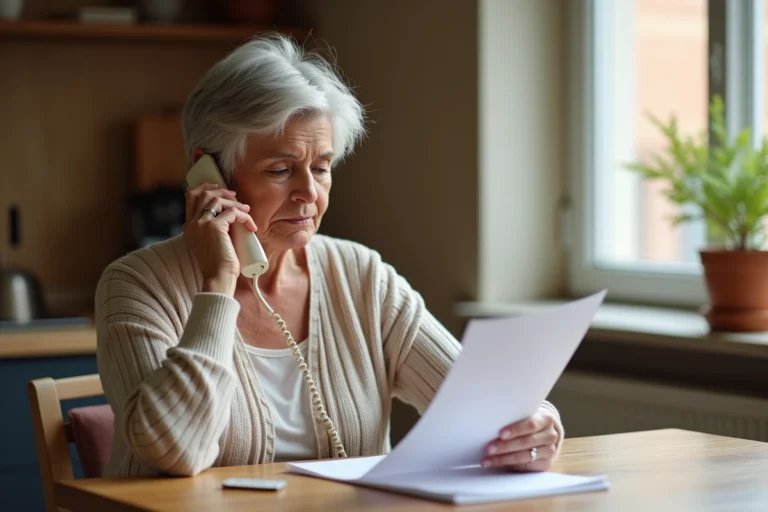 Femme senior au téléphone consultant ses documents d'abonnement avant d'appeler le service client