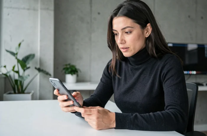 Femme utilisant un smartphone pliable dernier cri dans un bureau minimaliste moderne