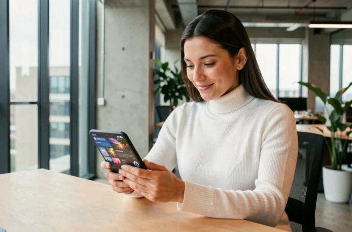 Femme utilisant un smartphone pliable dans un bureau tech moderne en 2024