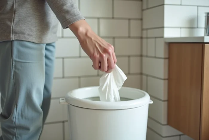 Femme utilisant une poubelle à pédale blanche dans une salle de bain propre et ordonnée