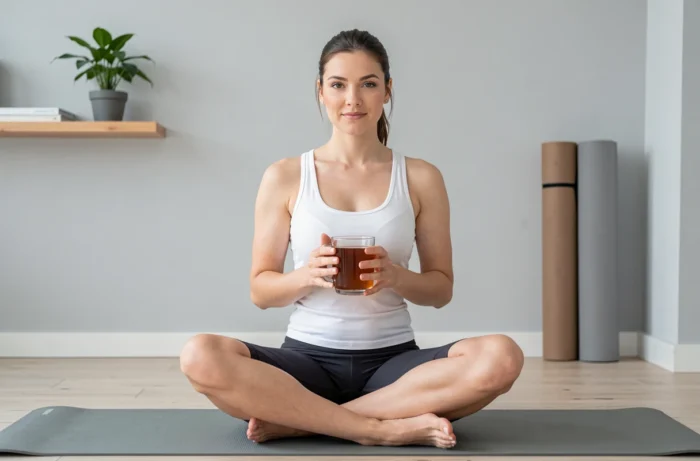 Jeune femme en tenue de yoga tenant une tasse de thé détox dans un appartement minimaliste ambiance bien-être