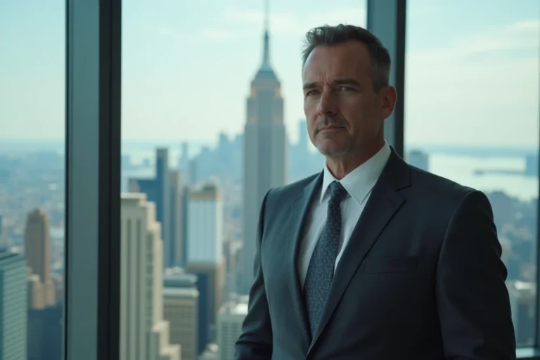 Portrait d'un financier en costume sur fond de skyline de Manhattan, évoquant l'univers de la série Billions et l'hommage à Dennis Shields