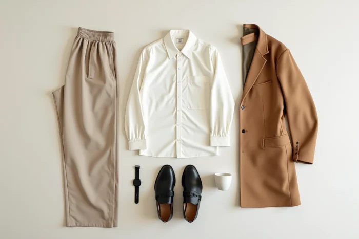 Flat lay minimaliste d'une garde-robe capsule en tons neutres ivoire camel et gris pierre