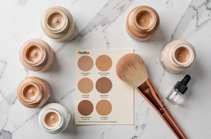 Flatlay de flacons de fond de teint clair et couvrant avec nuancier de teintes sur marbre blanc
