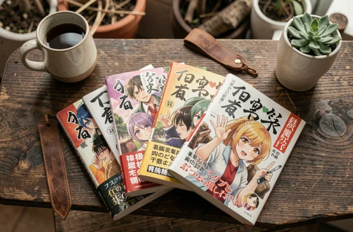Flatlay de mangas populaires commençant par C disposés sur une table en bois avec accessoires de lecture