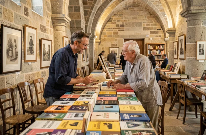 Deux passionnés de livres en discussion lors d'une foire aux livres dans une salle voûtée en pierre à Bécherel