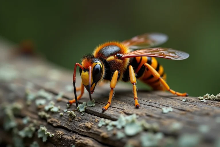 Gros plan d'un frelon européen posé sur du bois ancien recouvert de lichen, symbolisant la puissance naturelle et la symbolique spirituelle de l'insecte