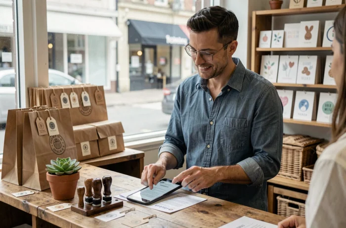 Gérant d'une boutique artisanale consultant une commande personnalisée avec un client