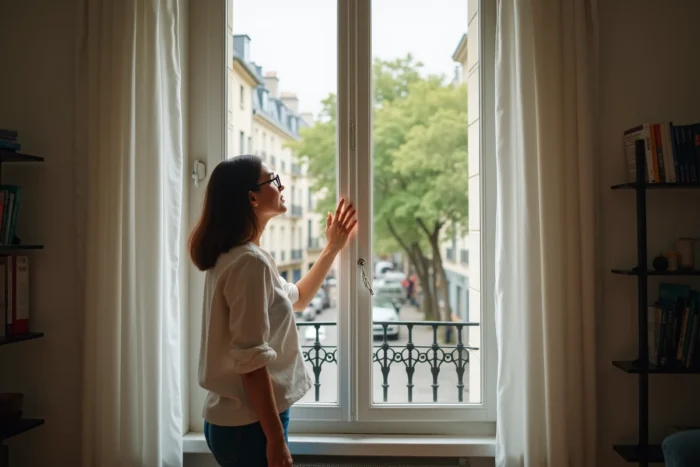 Femme observant depuis son appartement un grillage de sécurité installé sur une fenêtre en copropriété