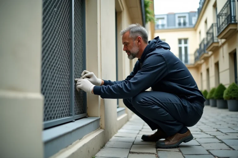 Gardien d'immeuble inspectant un grillage de protection de fenêtre sur la façade d'une copropriété parisienne