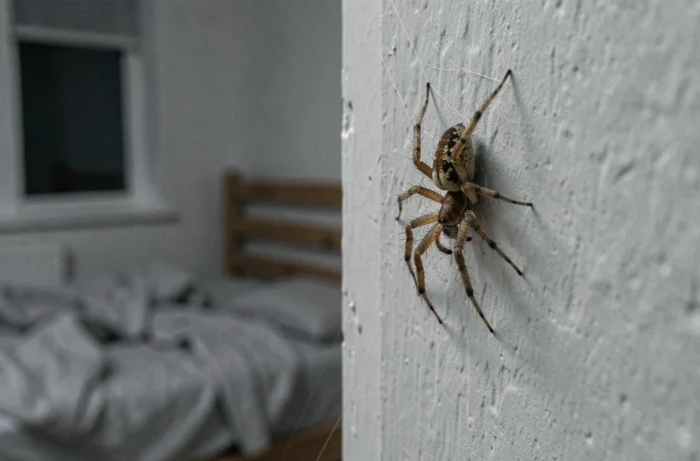 Gros plan d'une araignée domestique dans le coin d'un mur de chambre la nuit