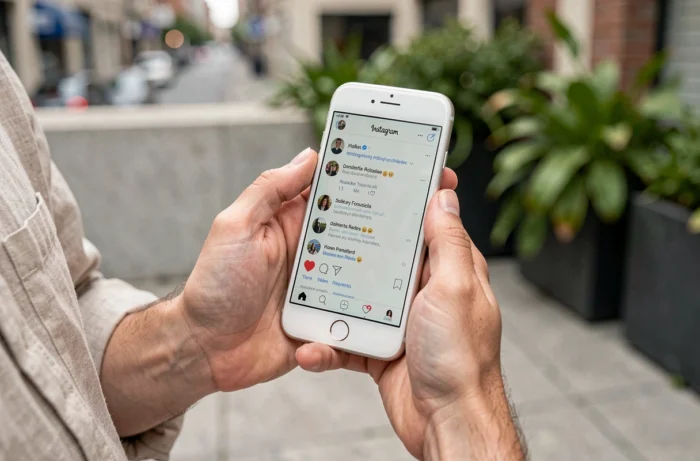 Gros plan de mains tenant un smartphone affichant les demandes de suivi sur Instagram