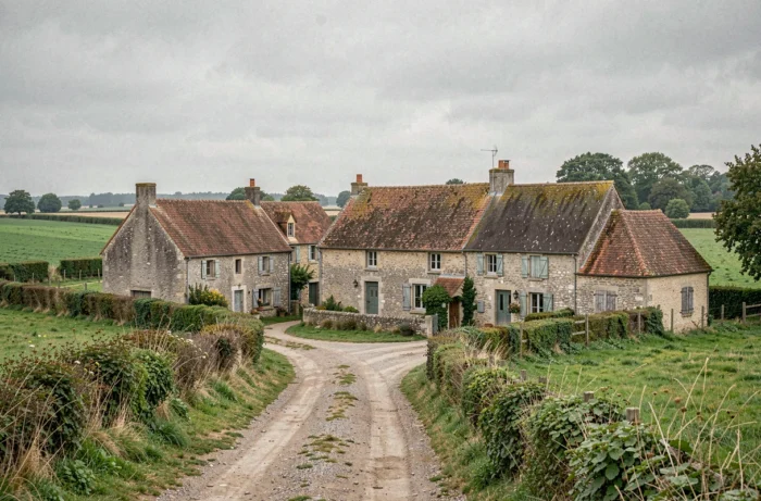 Petit hameau normand composé de quelques maisons en pierre regroupées le long d'un chemin rural, entouré de prairies verdoyantes