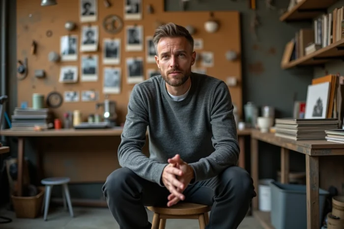 Homme passionné dans un atelier créatif entouré de photographies et de disques vinyles, portrait éditorial révélant ses centres d'intérêt