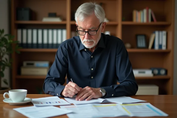 Un homme d'une cinquantaine d'années examine des documents de calcul de retraite à son bureau à domicile, illustrant la complexité du CSP dans le calcul des droits à la retraite