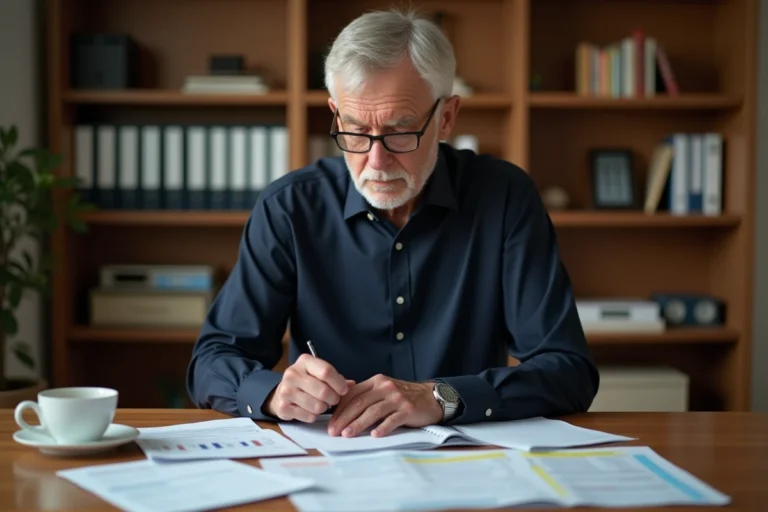 Un homme d'une cinquantaine d'années examine des documents de calcul de retraite à son bureau à domicile, illustrant la complexité du CSP dans le calcul des droits à la retraite