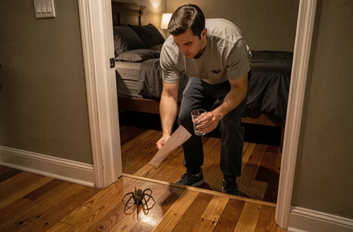Homme capturant une araignée dans sa chambre la nuit avec un verre et une feuille de papier