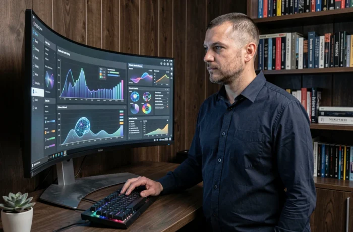 Homme travaillant sur un grand écran incurvé avec des tableaux de bord numériques et intelligence artificielle