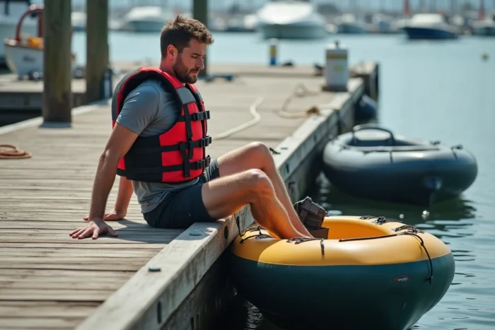 Homme s'abaissant latéralement depuis un ponton en bois dans un kayak gonflable avec les mains appuyées pour la stabilité