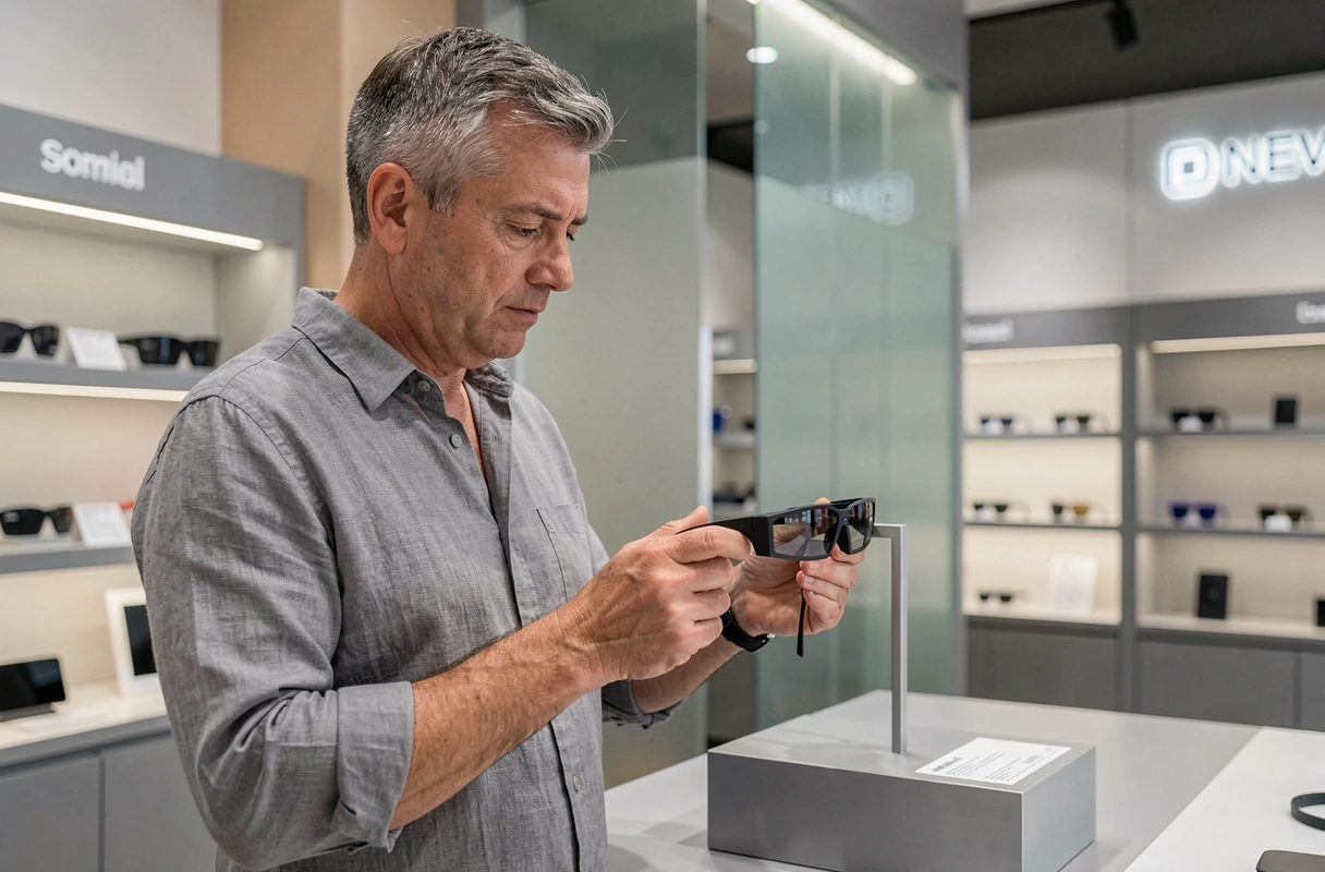 Homme examinant des lunettes de réalité augmentée dans un showroom de technologie contemporain