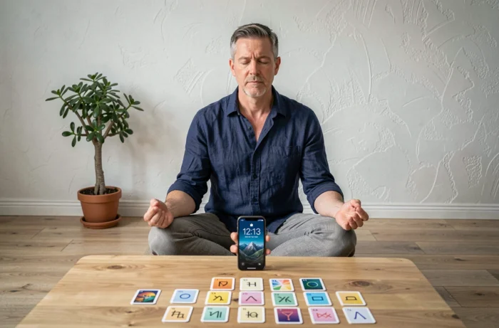 Homme en méditation devant un smartphone affichant 12h13 entouré de cartes de numérologie sur une table en bois minimaliste